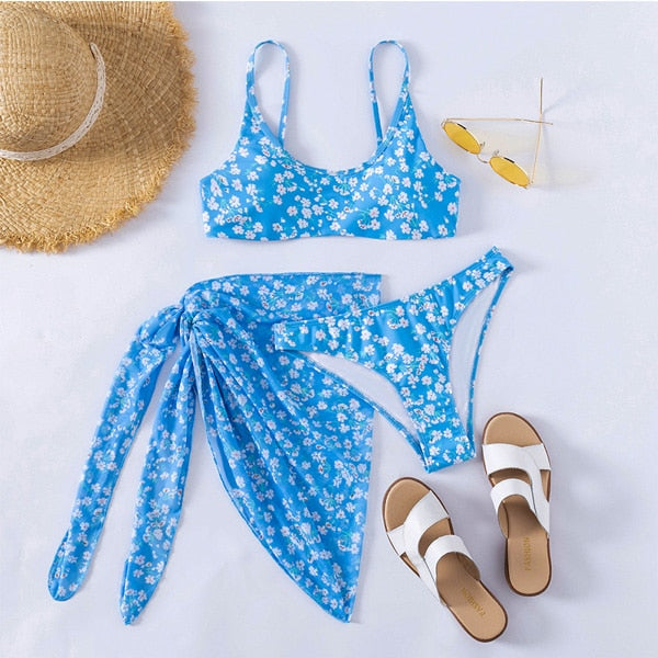 Biquíni Floral Top com Saída de Praia 3 Peças