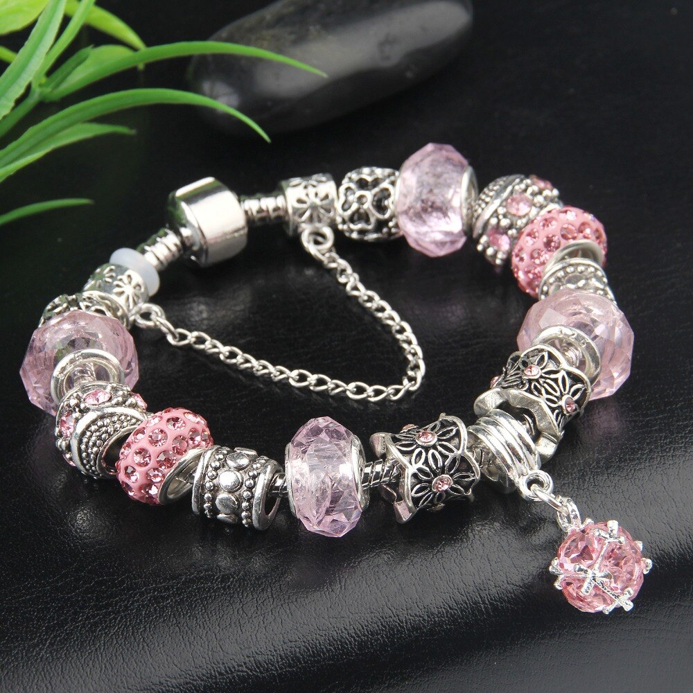 Bracelete Pedras de Cristal Ametista - Banhado a Prata