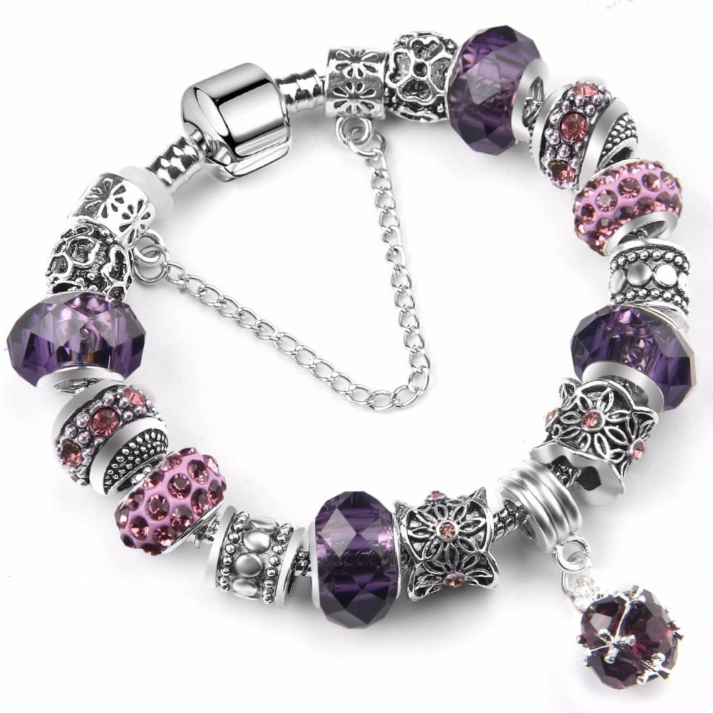 Bracelete Pedras de Cristal Ametista - Banhado a Prata
