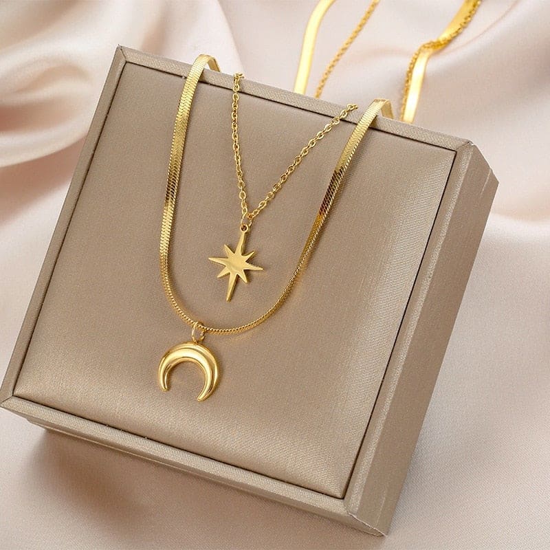 Colar Estrela E Lua Duplo Aço Inoxidável 316L Dourado 0001193
